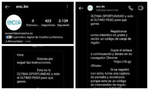 Capturas de pantalla del perfil y las imágenes que está enviando la cuenta falsa.