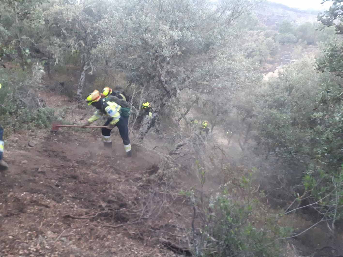 Los agentes del Plan Infocam, perimetrando el fuego a primeras horas de la mañana. Foto: Plan Infocam.