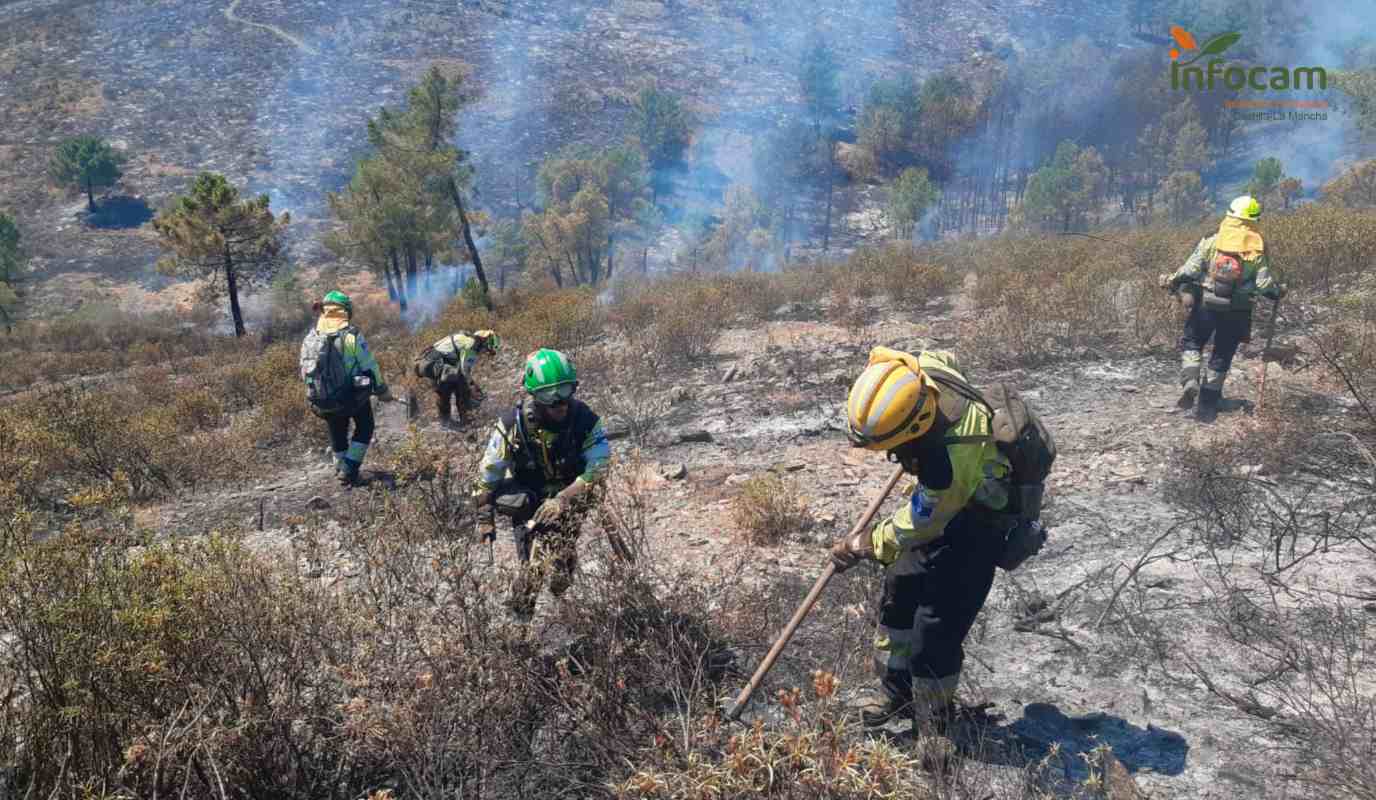 Profesionales del Plan Infocam en las tareas de extinción del incendio de Valdepeñas de la Sierra (Guadalajara).