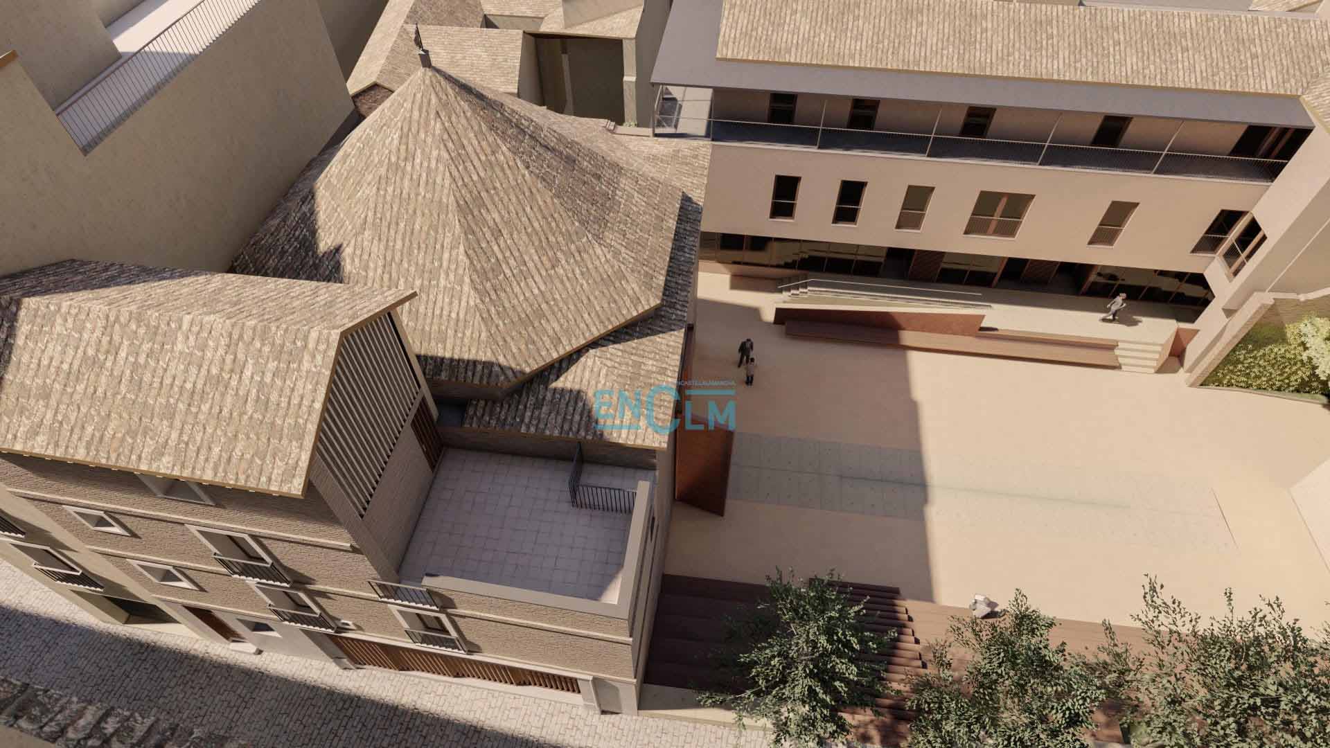 Infografía de una vista aérea de cómo quedará el Salón Rico y la plaza anexa, que están recuperando el Consorcio de Toledo.