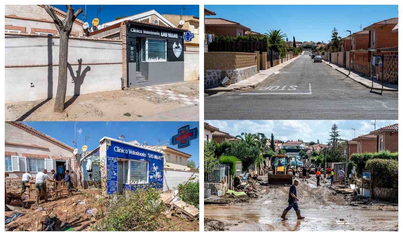 La farmacia de Polán y una calle de Cobisa, justo el día del desastre y un año después de la DANA. Fotos: EFE/Ismael Herreno.