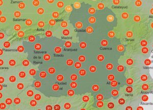 Temperaturas previstas por Aemet hoy, sábado 24, sobre las 16 horas.