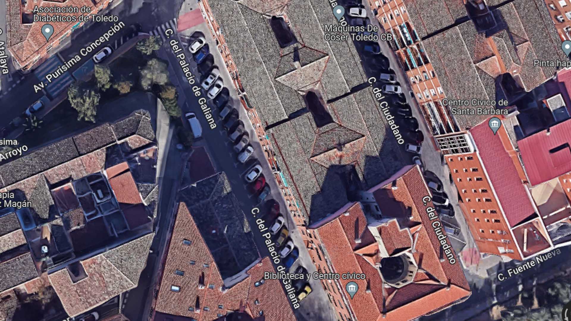 Vista aérea de la calle Princesa Galiana, en Toledo. Imagen de Google Maps.