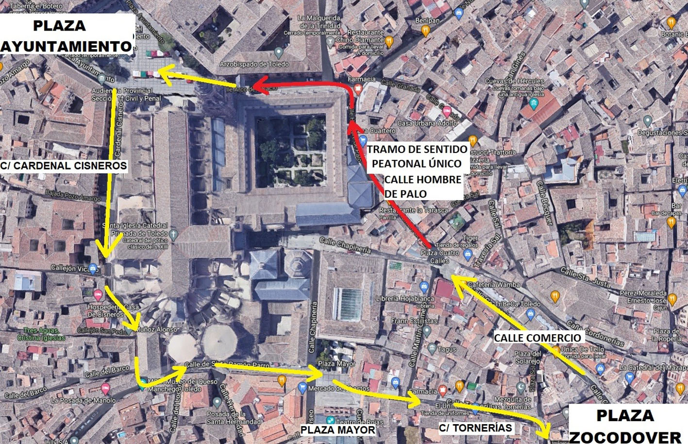 Este es el circuito peatonal recomendado por el Ayuntamiento de Toledo durante los días de más afluencia de público y en un horario concreto.