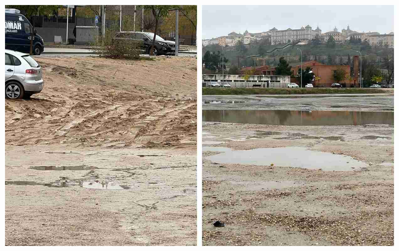 Estado del parking de Santa Teresa tras las lluvias de los últimos días.
