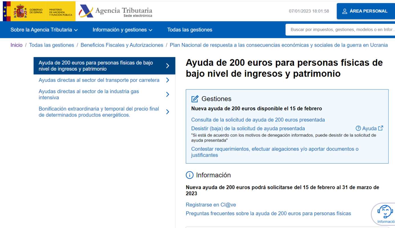 Web donde se podrán solicitar los 200 euros de ayuda del Gobierno.