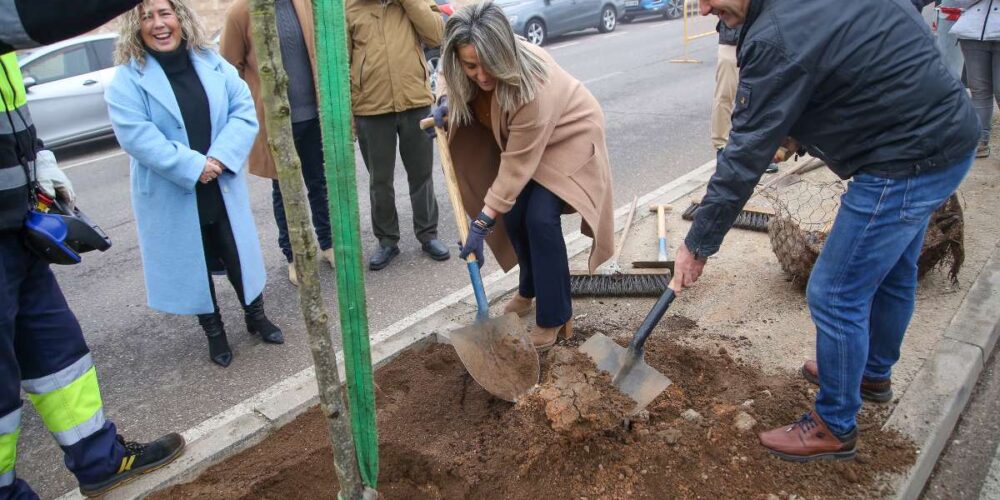 La alcaldesa, colaborando en los trabajos en la mediana de la avenida de Francia.