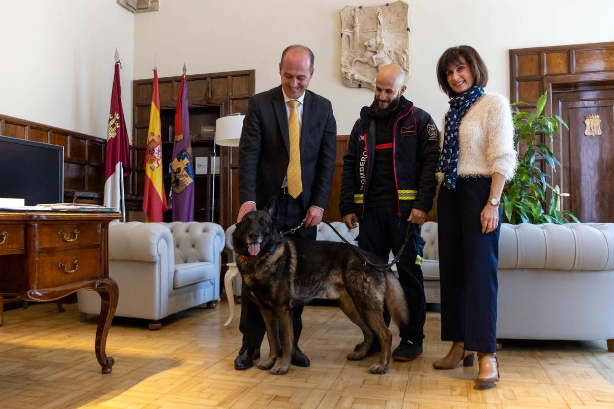 David Herenández, bombero de Guadalajara y su perro, Vito, son recibidos en el Ayuntamiento de la capital