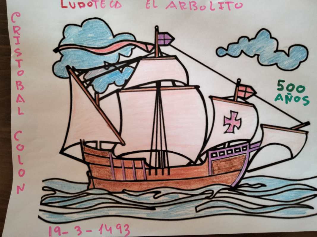 Dibujo de un escolar sobre el viaje de Colón a América.