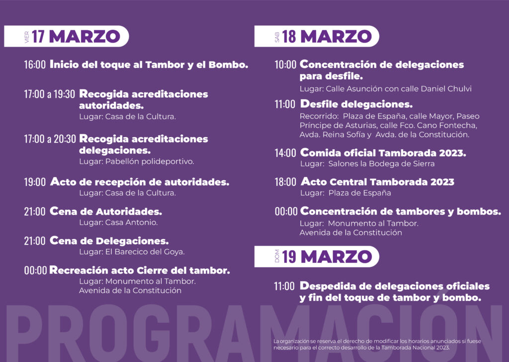 Programación de las XXXVI Jornadas de Exaltación del Tambor y el Bombo de Tobarra (Albacete).