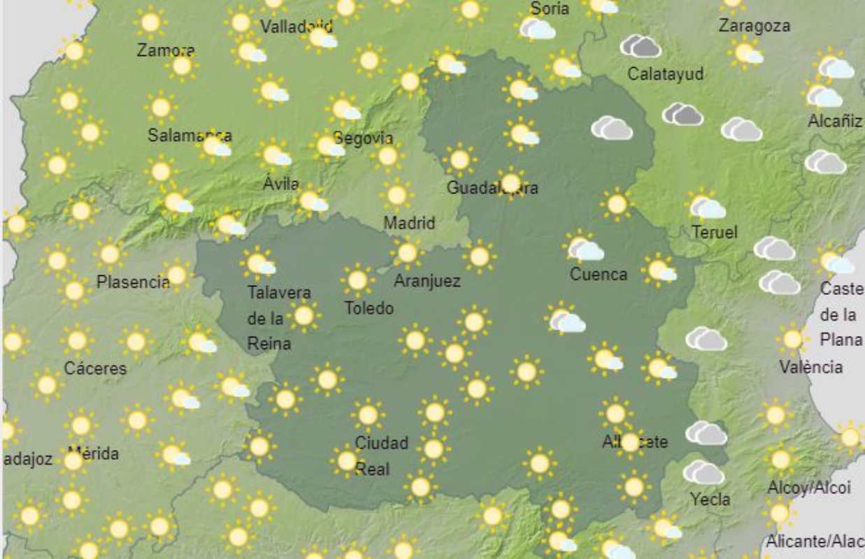 Así se presenta el tiempo hoy domingo en CLM. Imagen: Aemet.