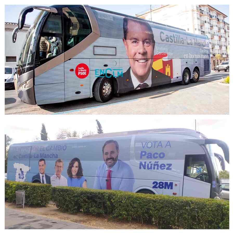 Autobuses electorales de Emiliano García-Page y de Paco Núñez.
