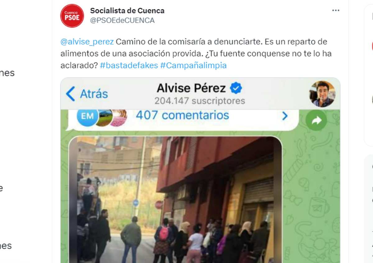 El PSOE de Cuenca ha denunciado ante la Policía Nacional a Alvise Pérez por publicar un bulo sobre compra de votos.