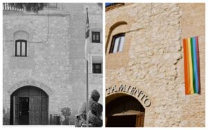 La fachada del Ayuntamiento este lunes 19 y el sábado 17, cuando todavía ondeaba la bandera LGTBI.