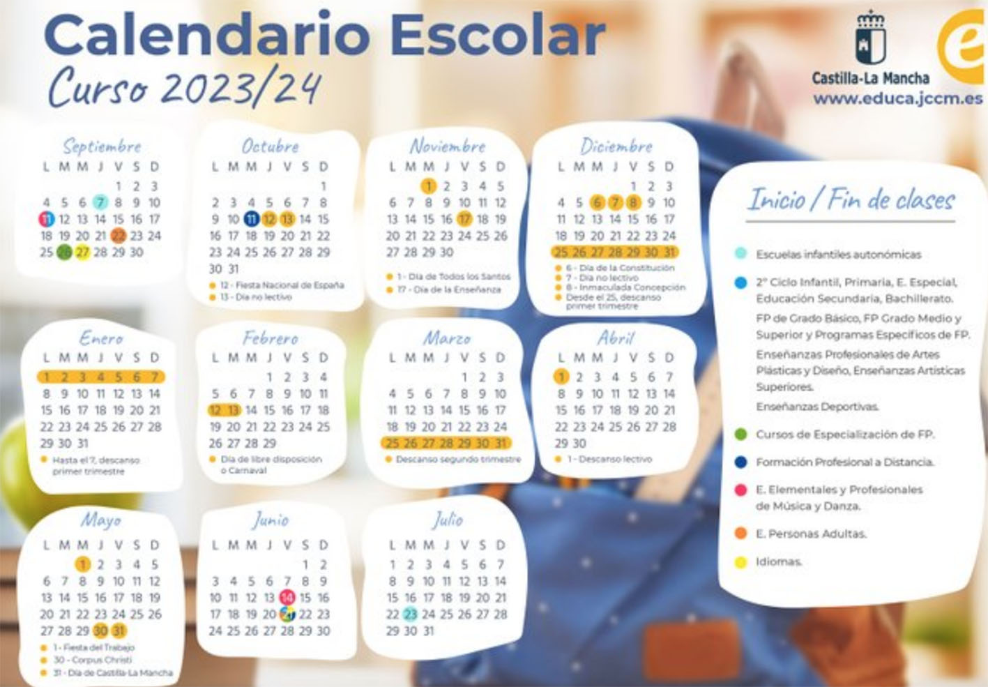 Calendario escolar completo de Castilla-La Mancha para el curso 2023/24.