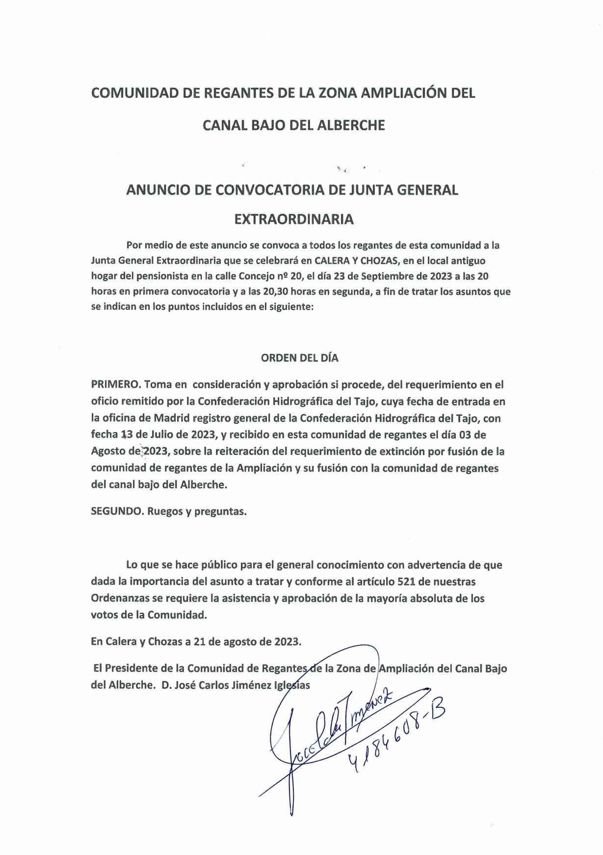 Anuncio de convocatoria de Junta General Extraordinaria en la Comunidad de Regantes de la Zona de Ampliación del Canal Bajo del Alberche.