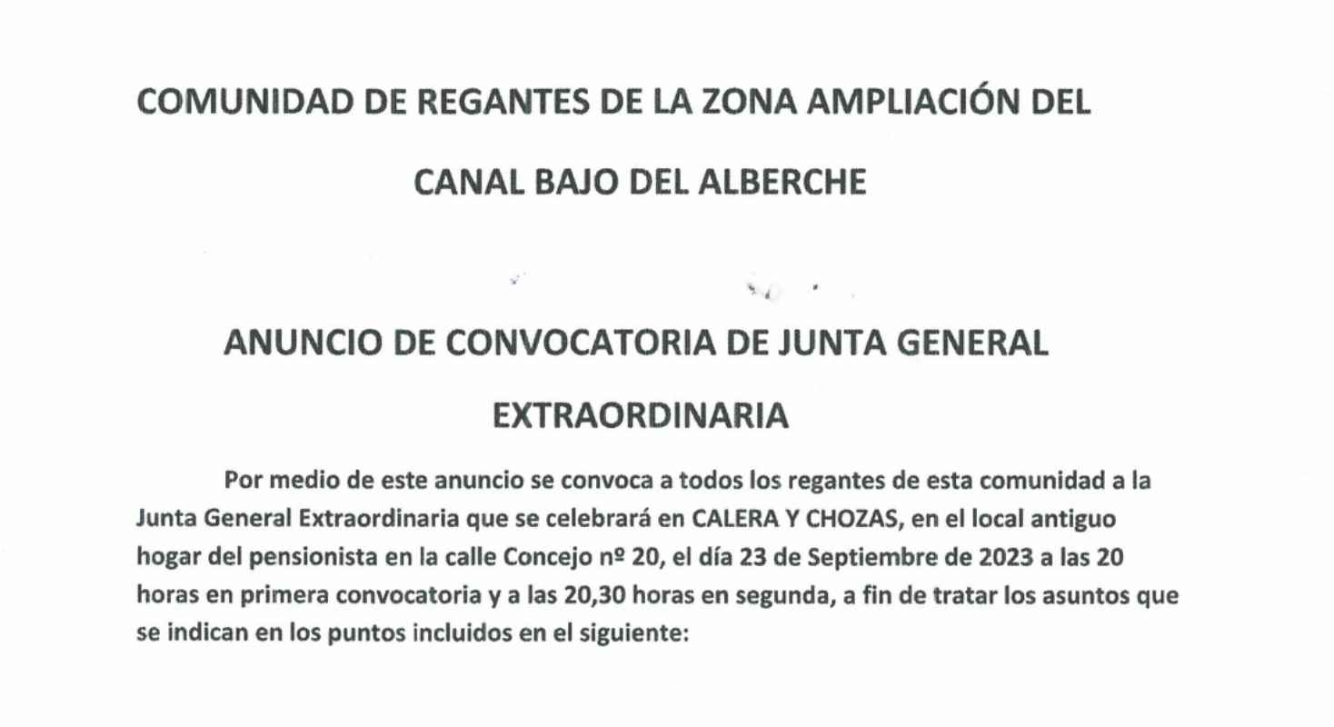 Anuncio de convocatoria de Junta General Extraordinaria en la Comunidad de Regantes de la Zona de Ampliación del Canal Bajo del Alberche.