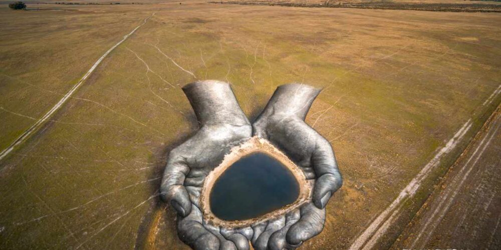 "En nuestras manos", obra de Saype con StepbyWater, en la laguna de Oropesa (Toledo).