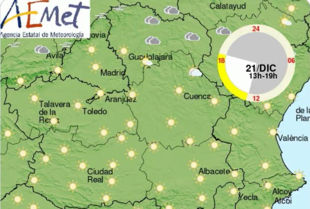 El mapa de la Aemet para hoy jueves. Imagen: Google Maps.