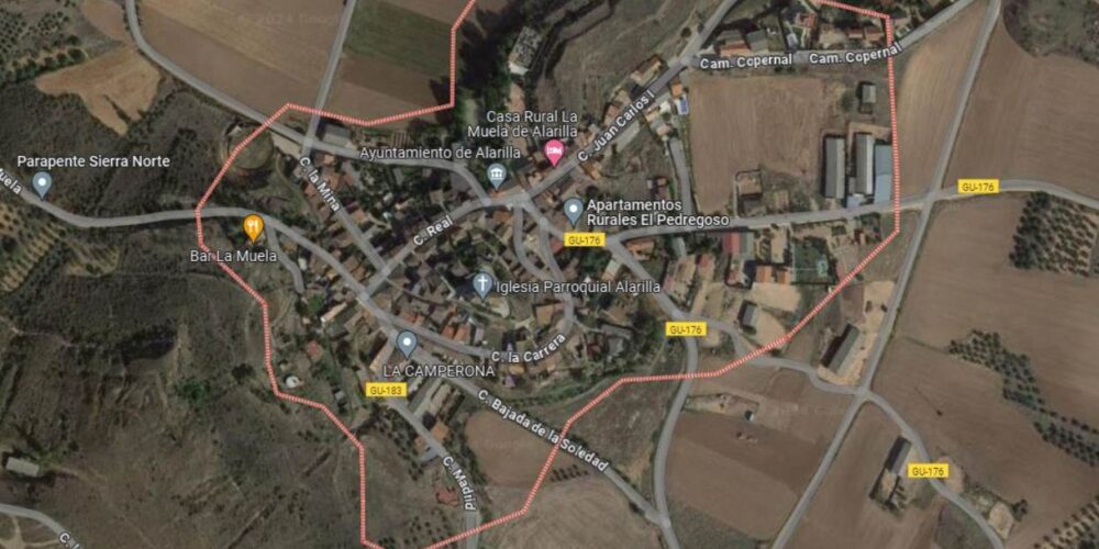 Mortal accidente aéreo en Alarilla (Guadalajara). Imagen: Google Maps.