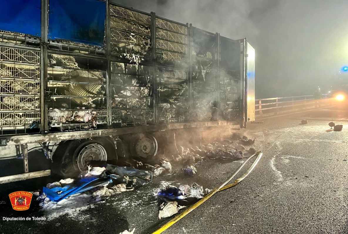 Así quedó el camión incendiado lleno de gallinas. Foto: Cpeis Toledo.