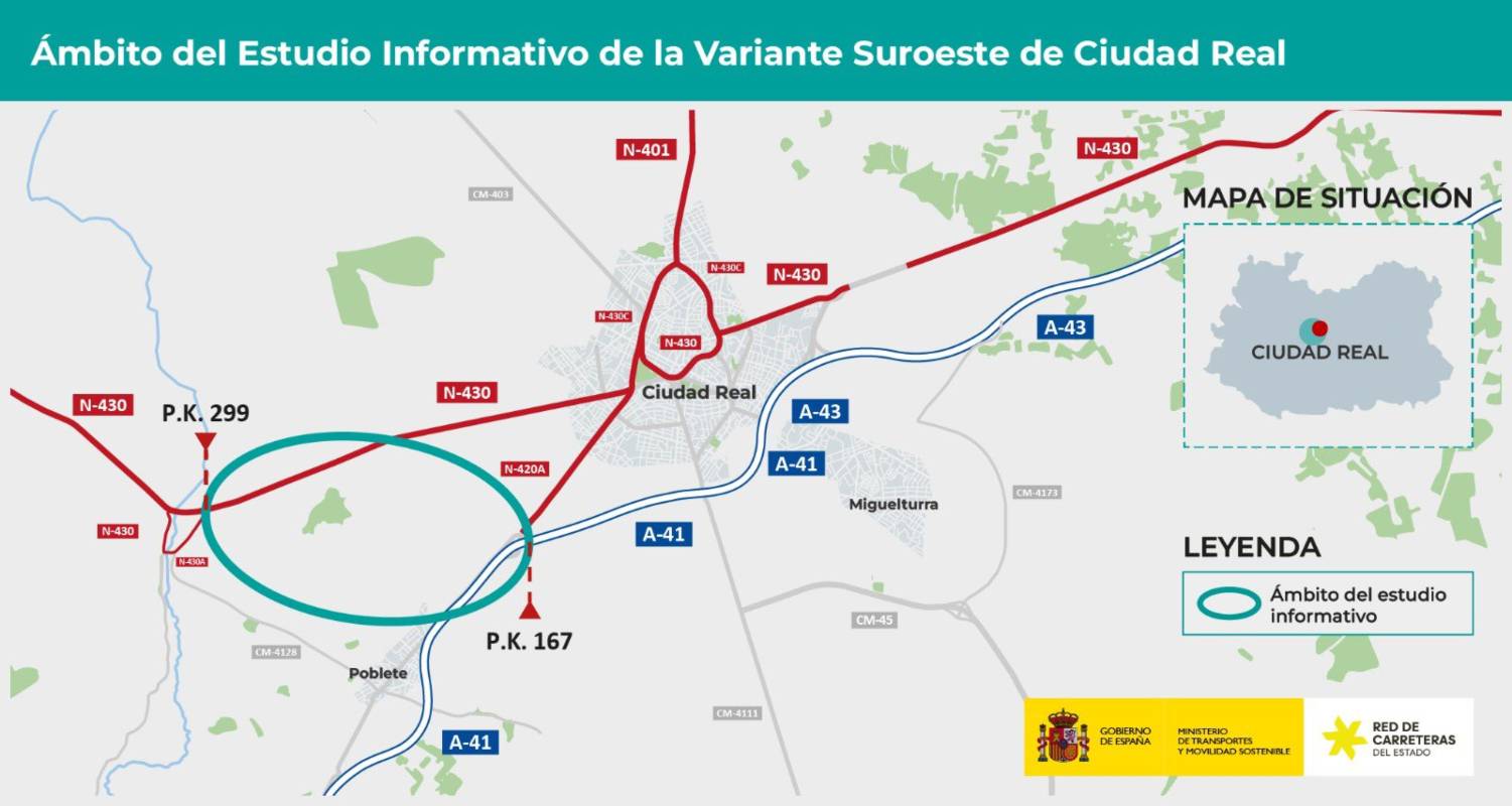 Ámbito del estudio informativo para la construcción de la variante suroeste de Ciudad Real