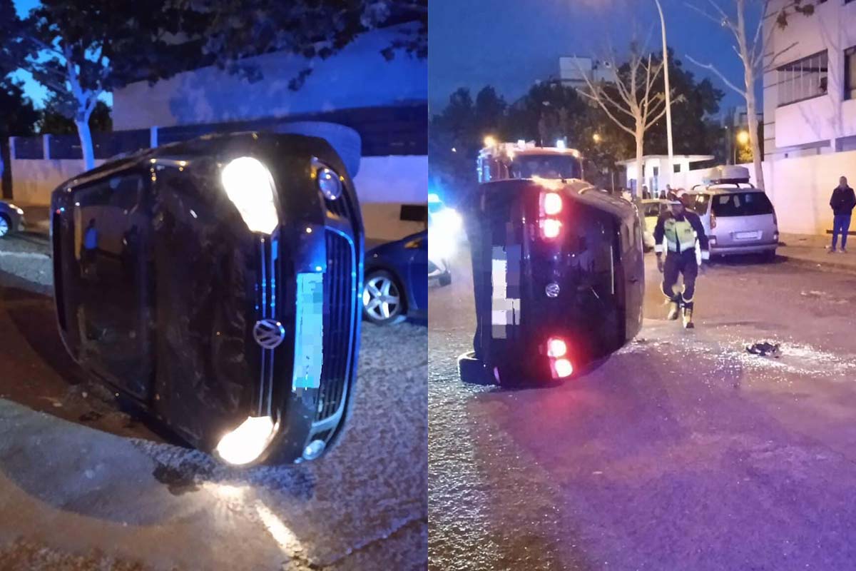 Coche volcado tras el accidente de la conductora bebida