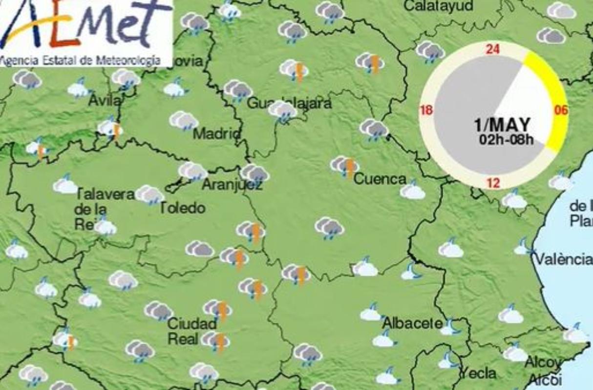 Como se ve en la imagen de la Aemet, puede llover hoy miércoles en Castilla-La Mancha.