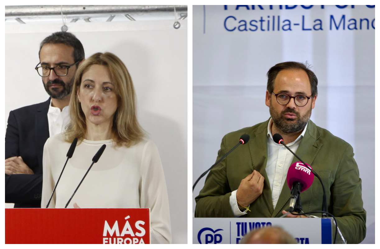 La eurodiputada y candidata del PSOE en las europeas, Cristina Maestre, y el presidente del PP de CLM, Paco Núñez.