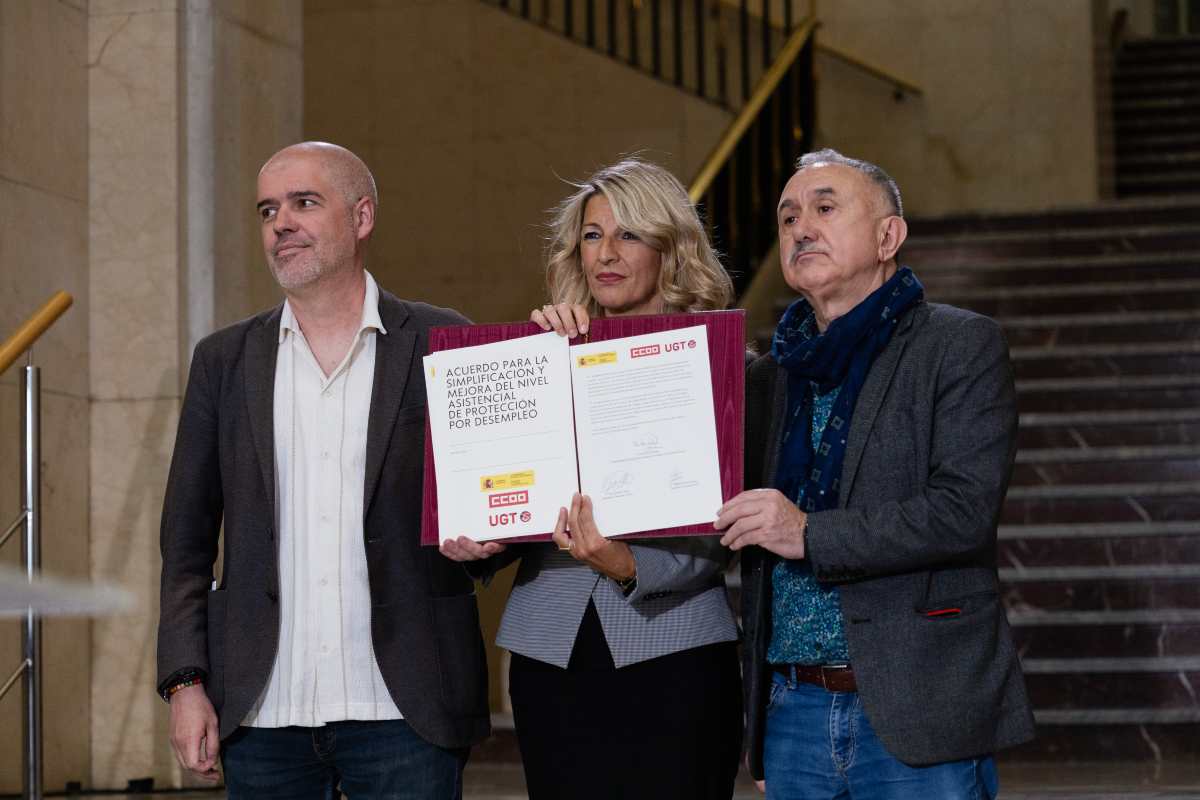 Unai Sordo, Yolanda Díaz y Pepe Álvarez.