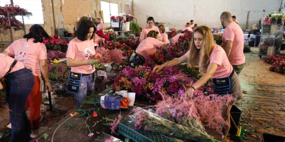 Los floristas se afanan para dejar todo listo en la procesión del Corpus Christi, en Toledo.