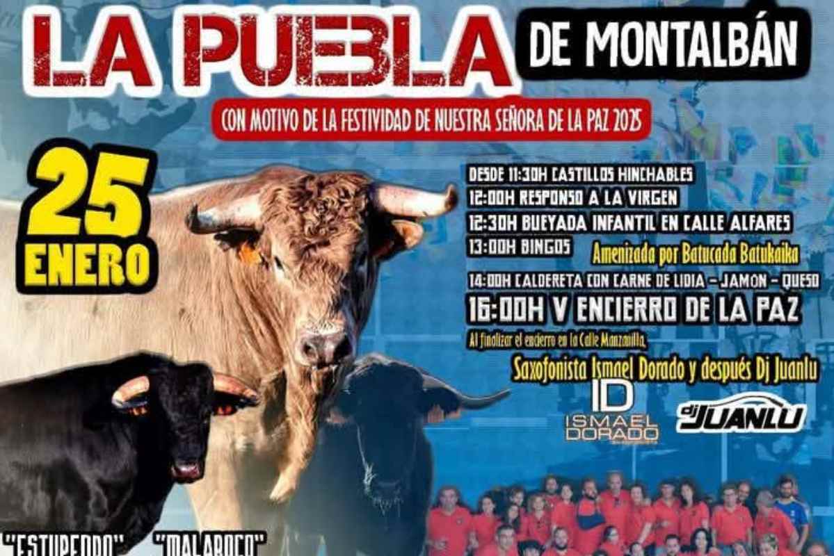 Cartel donde aparece la "bueyada infantil" en La Puebla de Montalbán.