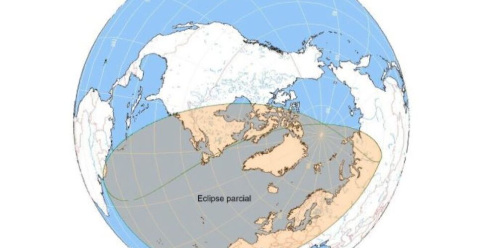 Zonas del globo desde donde se verá el eclipse parcial de sol del 29 de marzo. Imagen: Ministerio de Transportes y Movilidad Sostenible.