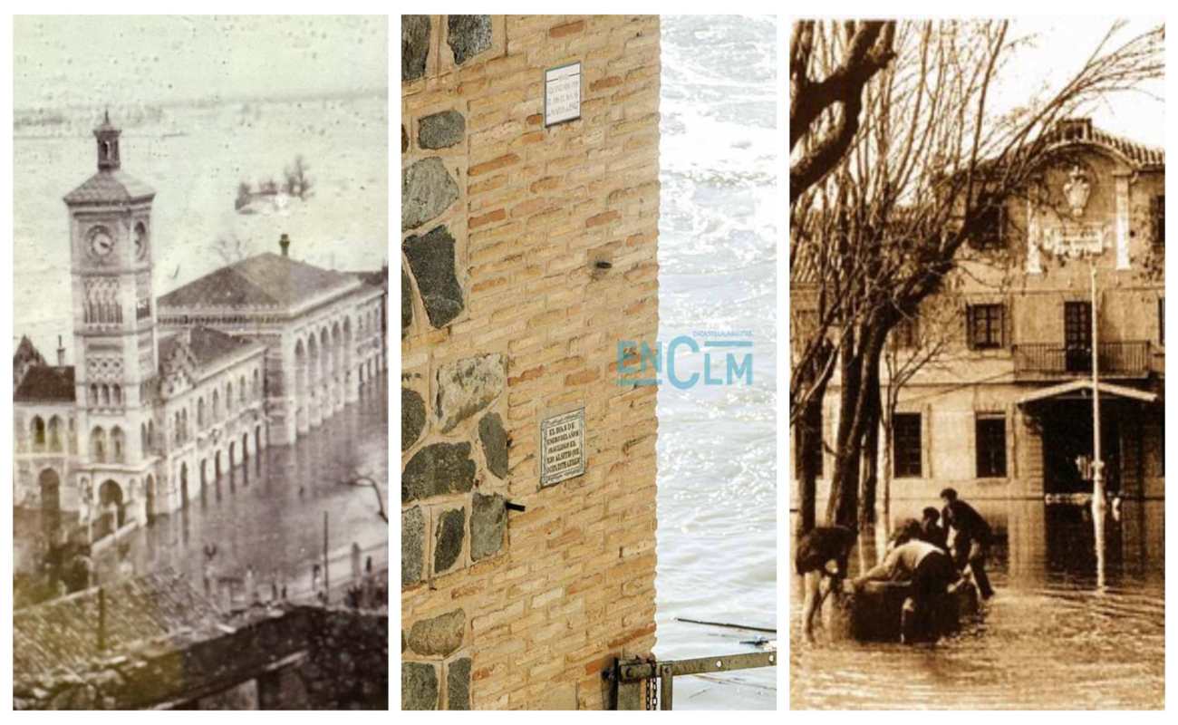 A la izquierda y derecha, imágenes la inundación de 1947 de Toledo Olvidado. En el centro la placa que muestra hasta donde llegó el agua.