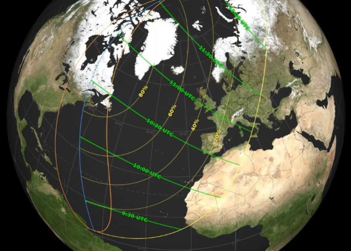 Zonas (más oscuras) del globo terrestre donde se verá el eclipse. Foto: NASA.