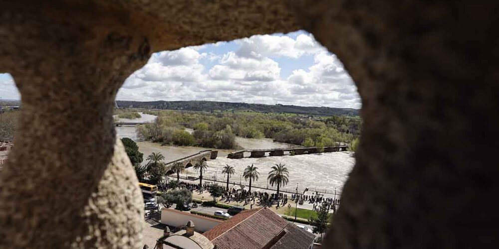 Vista del puente viejo derrumbado por la crecida del río Tajo a su paso por Talavera de la Reina, este domingo. EFE/Manu Reino.