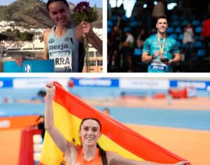 Heminia Parra (arriba, a la izquierda), Manuel Guijarro y Paula Sevilla, en la élite internacional de la velocidad.