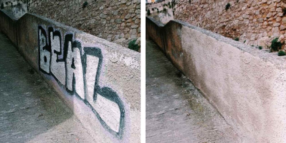 Grafiti aparecido en Cuenca, antes y después de ser limpiado.