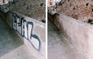 Grafiti aparecido en Cuenca, antes y después de ser limpiado.