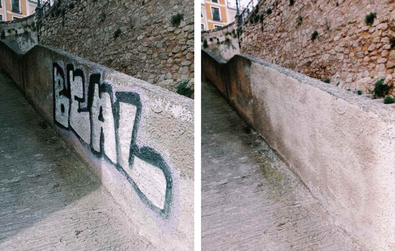 Grafiti aparecido en Cuenca, antes y después de ser limpiado.