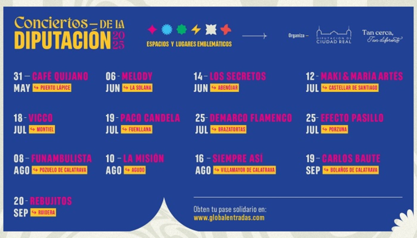 Cartel con los conciertos que ofrecerá la Diputación de Ciudad Real este 2025 en 13 pueblos