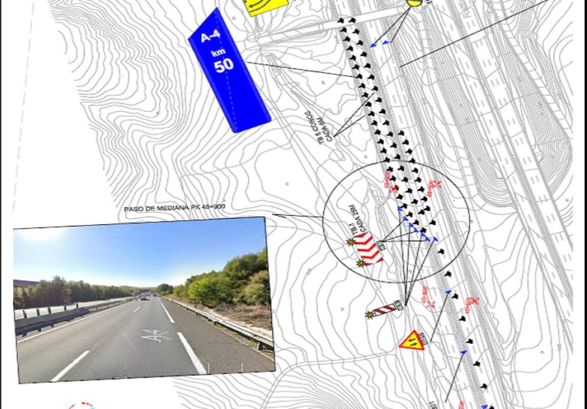 Croquis desvío de calzada izquierda (sentido Madrid) a calzada derecha (sentido Córdoba)