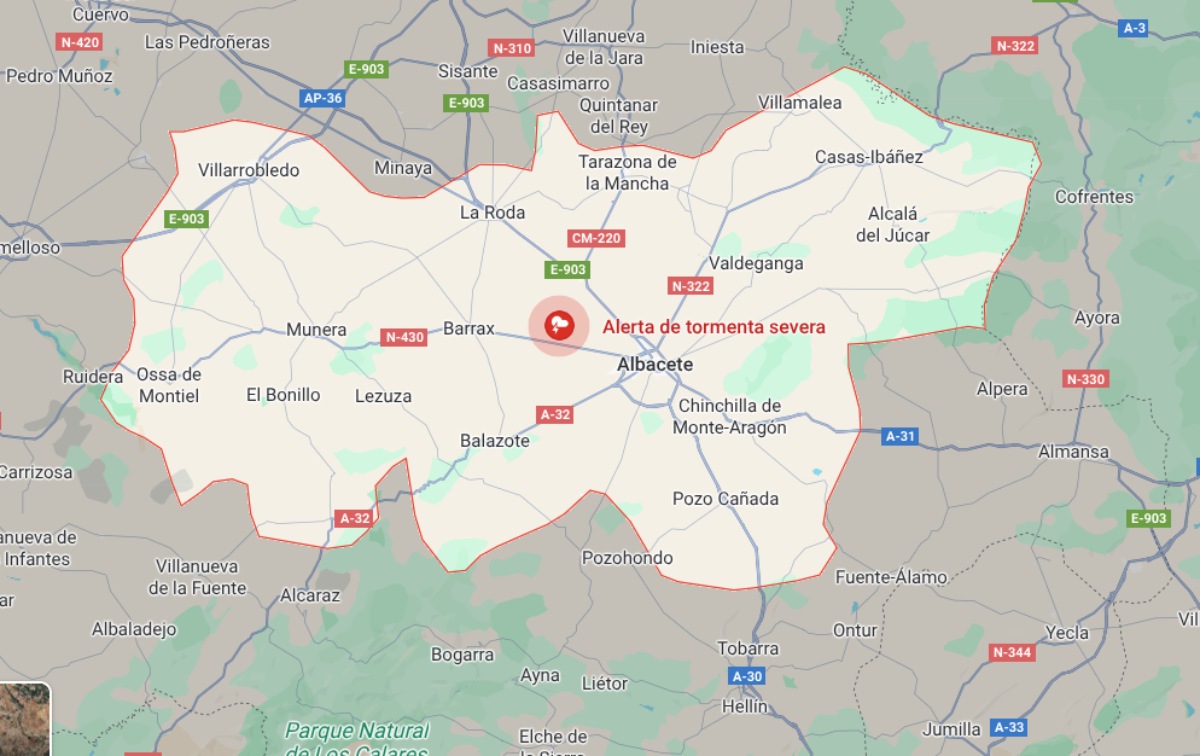 Alerta de tormenta severa en la provincia de Albacete. Imagen: Google Maps