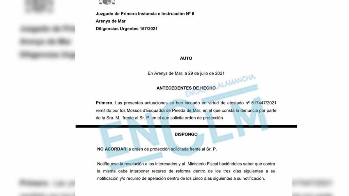 Parte del auto de un juzgado de Arenys de Mar (Barcelona) en el que se desestima la orden de protección. Foto: ENCLM
