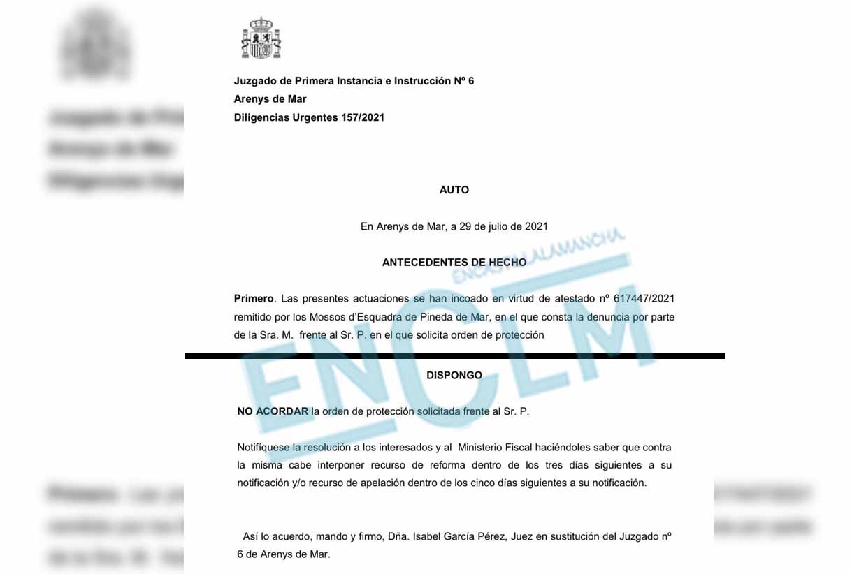 Parte del auto de un juzgado de Arenys de Mar (Barcelona) en el que se desestima la orden de protección. Foto: ENCLM
