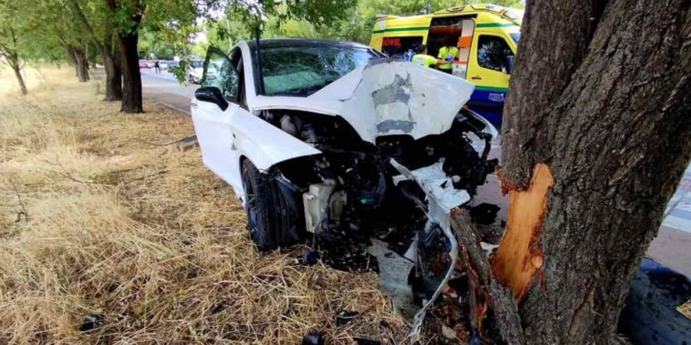 Colisión de un coche contra aun árbol en Cuenca. Foto: @policialocalcuenca