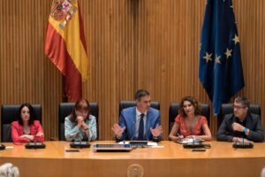 El presidente del Gobierno, Pedro Sánchez, preside la reunión interparlamentaria del Grupo Socialista celebrada este lunes en el Congreso. Foto: -Diego Radamés-Europa Press
