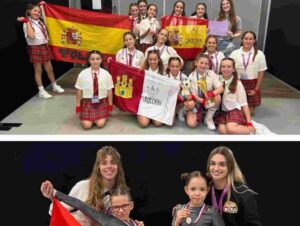 En la foto superior, foto de familia de la Escuela Merevel, y abajo, las dos medallistas de Mora Dance Center.