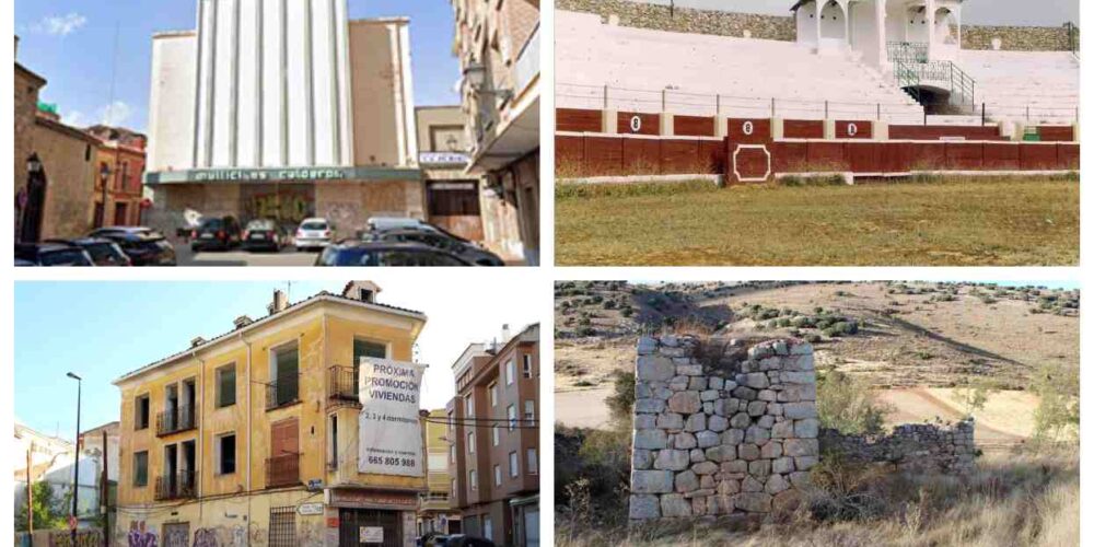 De izquierda a derecha y de arriba a abajo, el Cine Calderón de Talavera, plaza de toros de Quintanar de la Orden, Viviendas del Paseo de San Antonio en Cuenca y Molino de Agua de Alustante.