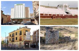 De izquierda a derecha y de arriba a abajo, el Cine Calderón de Talavera, plaza de toros de Quintanar de la Orden, Viviendas del Paseo de San Antonio en Cuenca y Molino de Agua de Alustante.